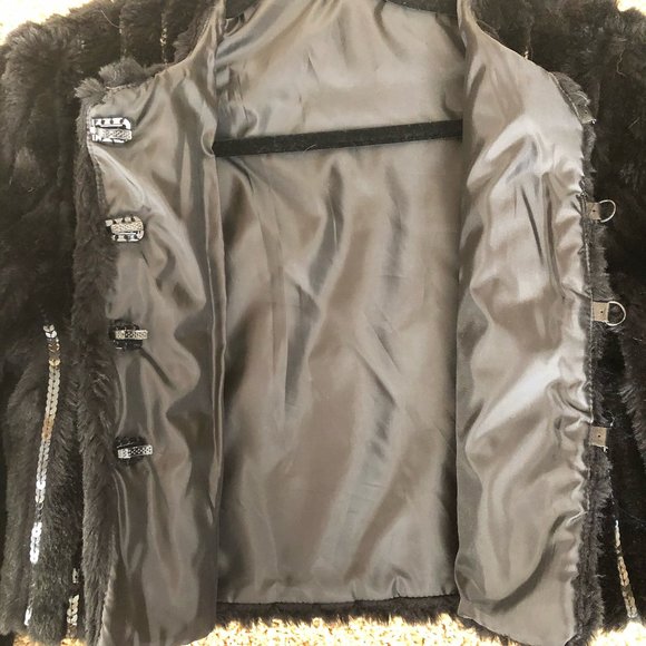 Vintage Faux Fur Cropped Black Jacket with Sequins - Picture 6 of 7